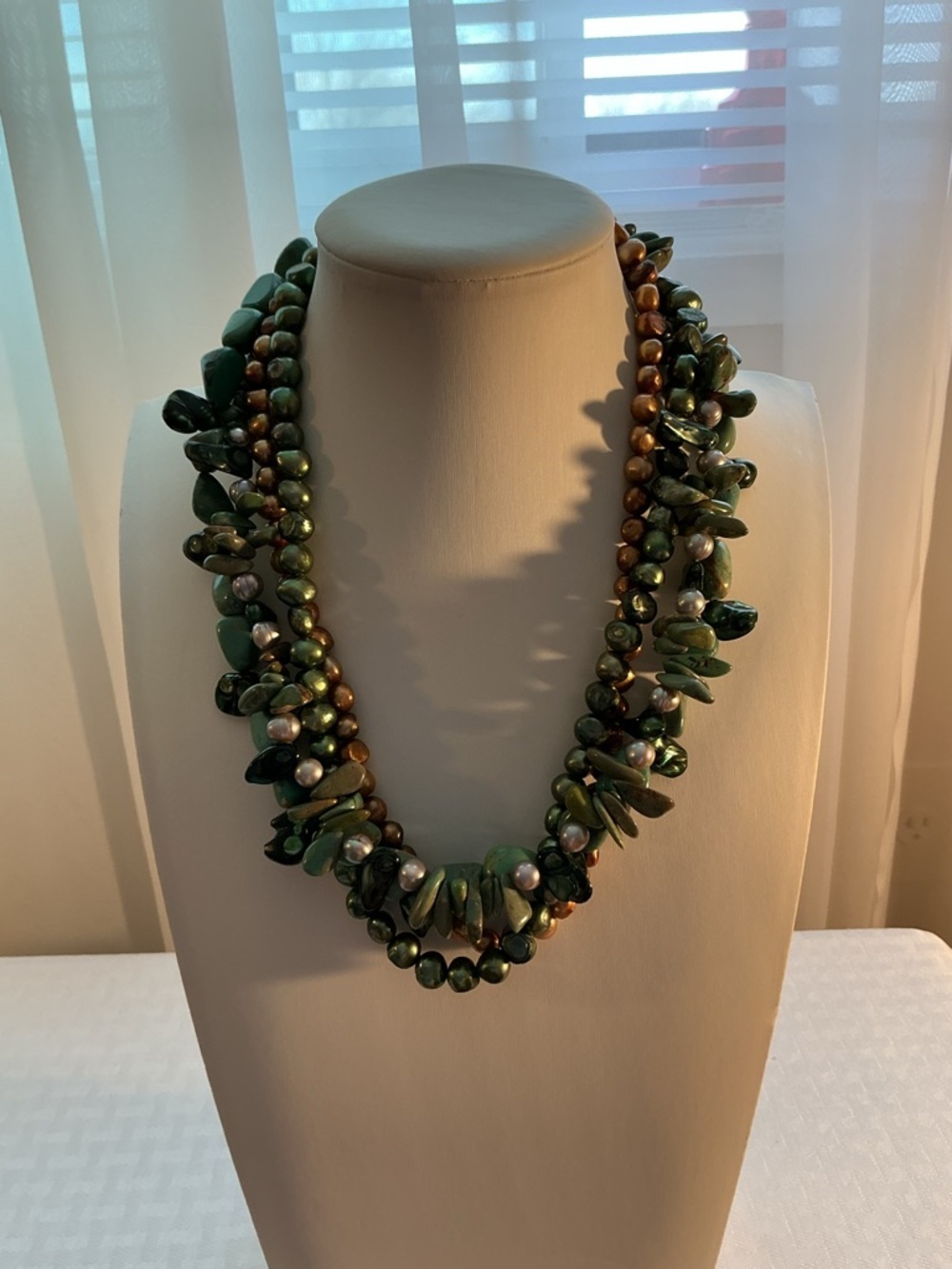 Howlite/Magnesite and Pearl Four Strand Silver Tone Necklace